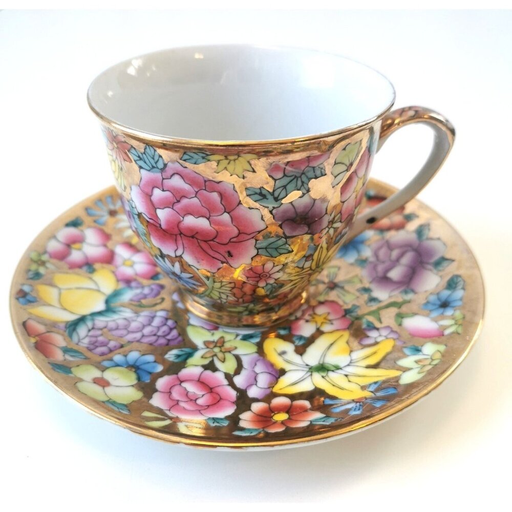 Tea Cup Saucer Set Made in Japan Hand Made Vintage Amazing Colours